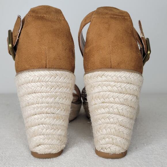 BANANA REPUBLIC Faux Suede Espadrille Wedge Open Toe Sandals sz 7 Cognac - Picture 8 of 11